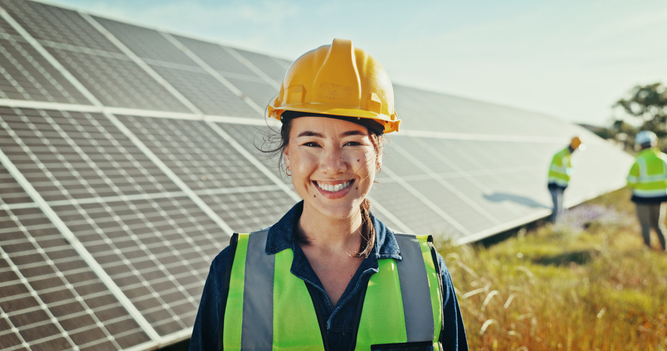 Woman, portrait and solar engineer at farm, energy saving and supervisor for panel maintenance. Fem.